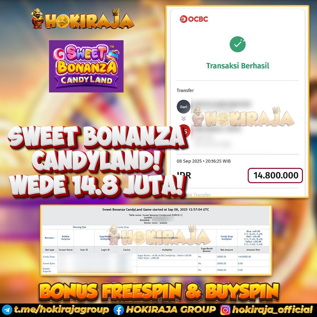 HOKIRAJA JACKPOT LIVE CASINO SWEET BONANZA CANDYLAND RP 14.800.000 ID : AMO****